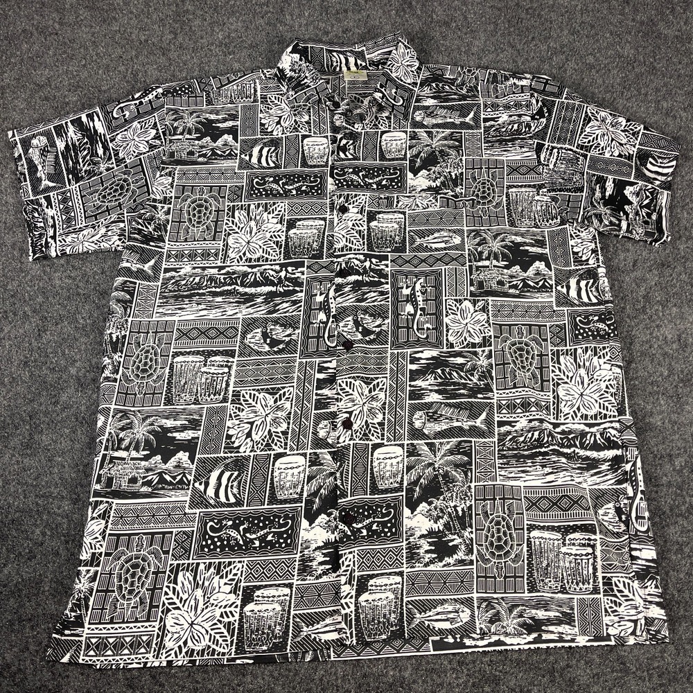 Rima Hawaiian Shirt Mens Large Black White Terivoile Tropical Turtle Beach Camp